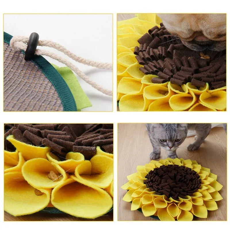 Yellow sunflower-shaped snuffle mat with layered fleece and felt strips for hiding dog treats