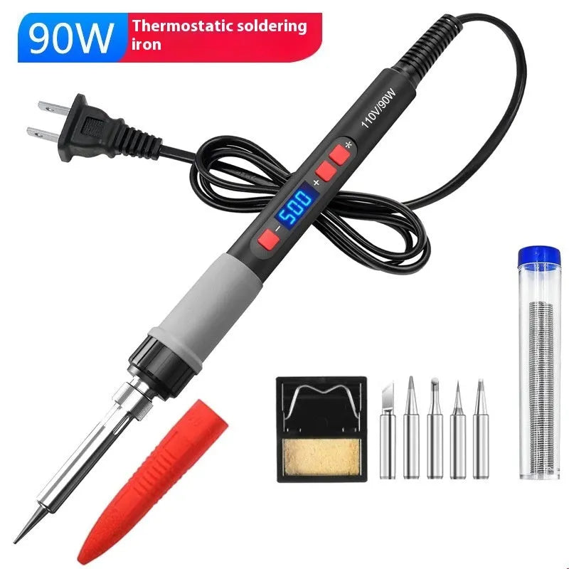 Grey 90W electric soldering iron with adjustable temperature control, ceramic heating core, and UK/US plug