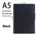 Open erasable coil notebook with stone paper pages, a pen, and a wipe cloth on a desk.