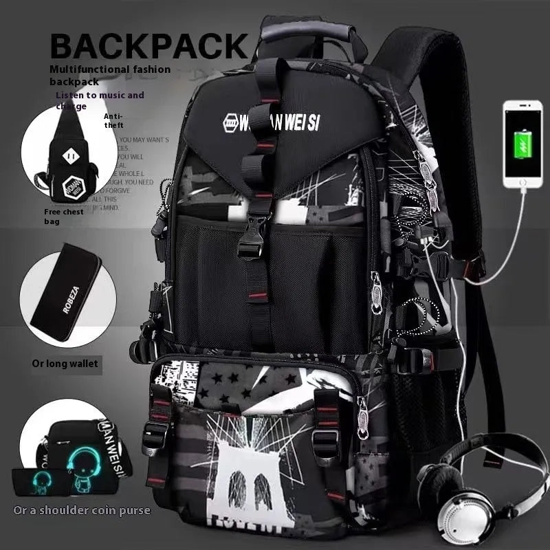 Men's large waterproof Oxford cloth hiking backpack with contrasting colours and an air pillow belt system.