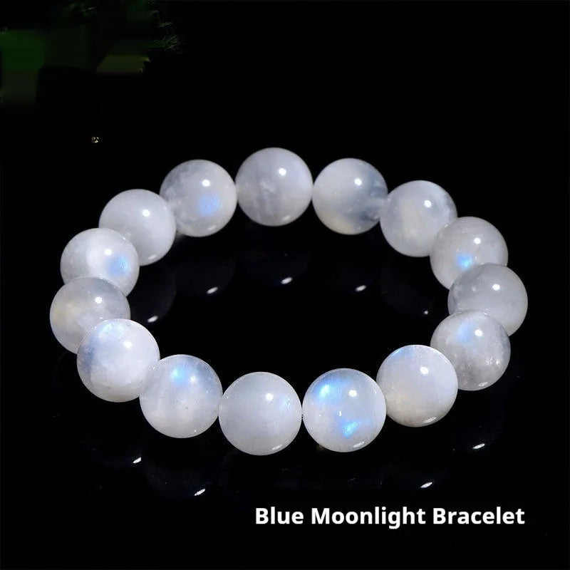 Natural blue moonlight moonstone round bead bracelet showing polished stone surface and blue sheen