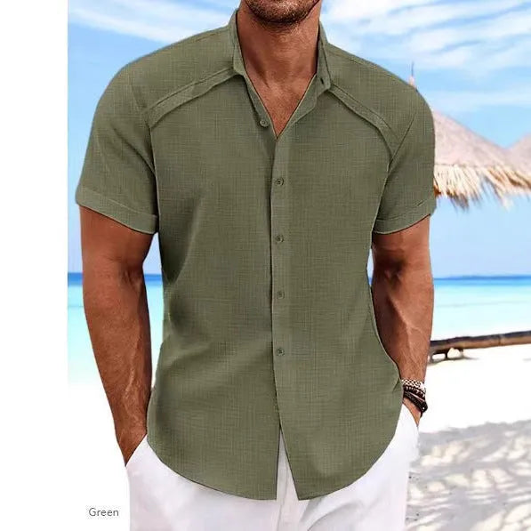 Hawaiian casual short sleeve solid colour shirt in cotton blend fabric, showing collage stitching details, available in multiple colours like Navy Blue