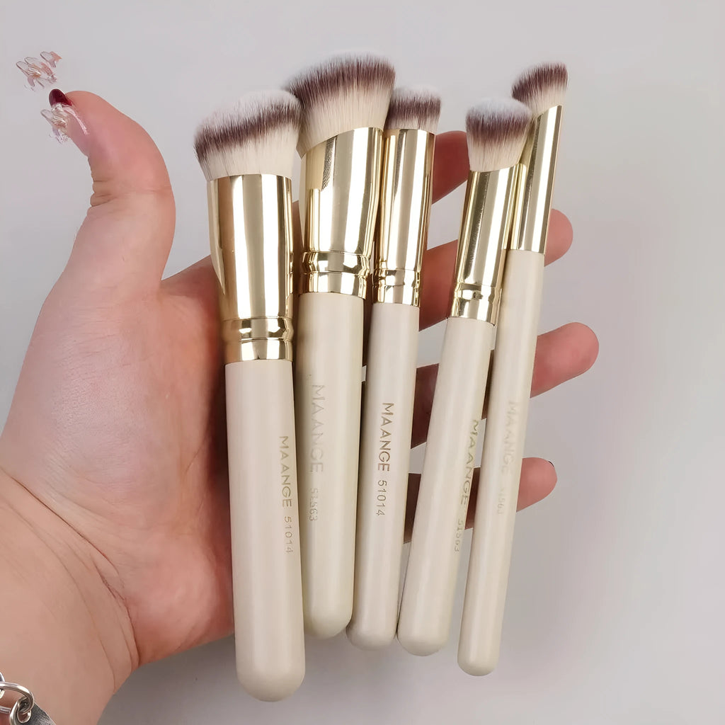 5 angled apricot makeup brushes with synthetic bristles for contouring and blush application