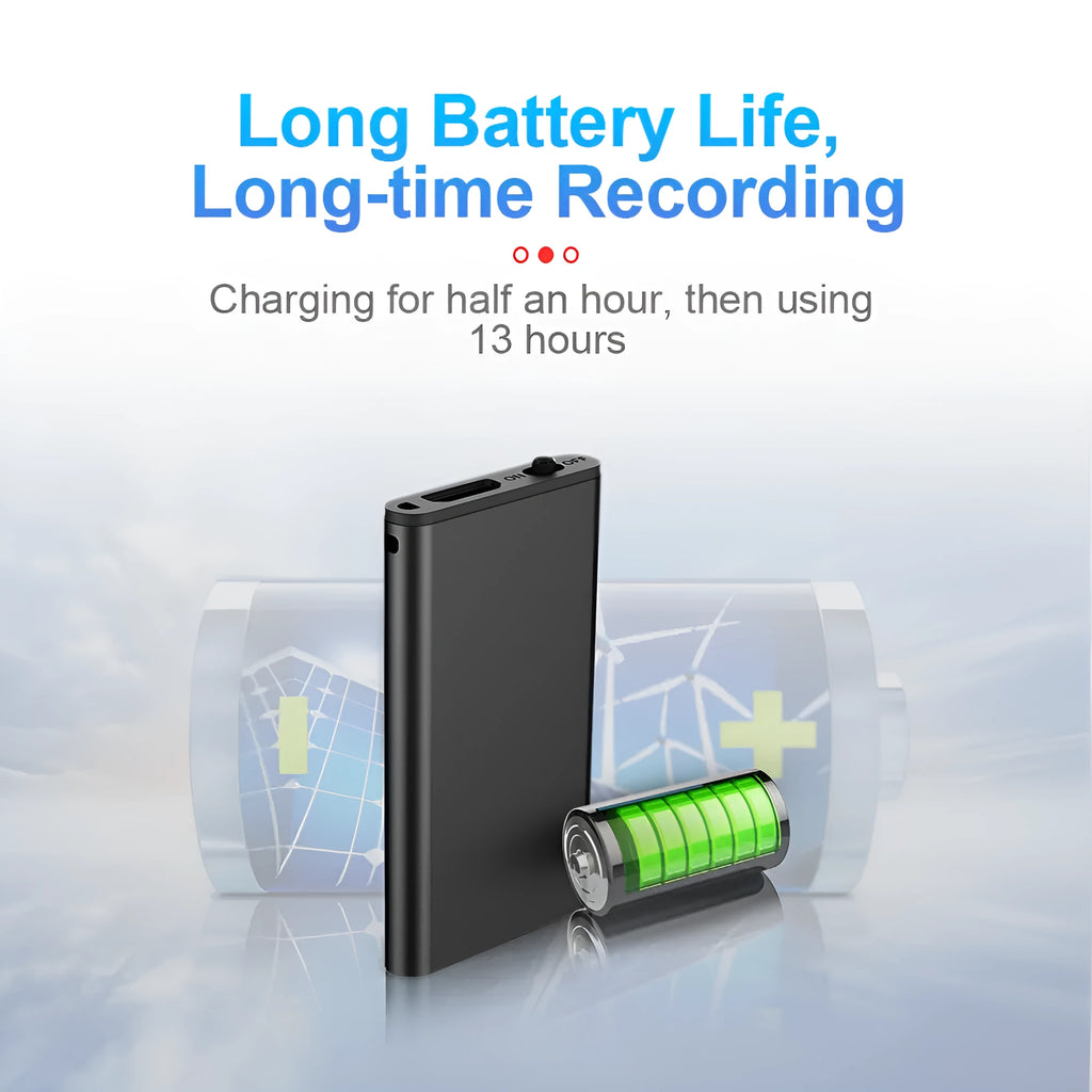 Silver aluminium alloy encryption recording pen with HD noise reduction, shown with English interface.