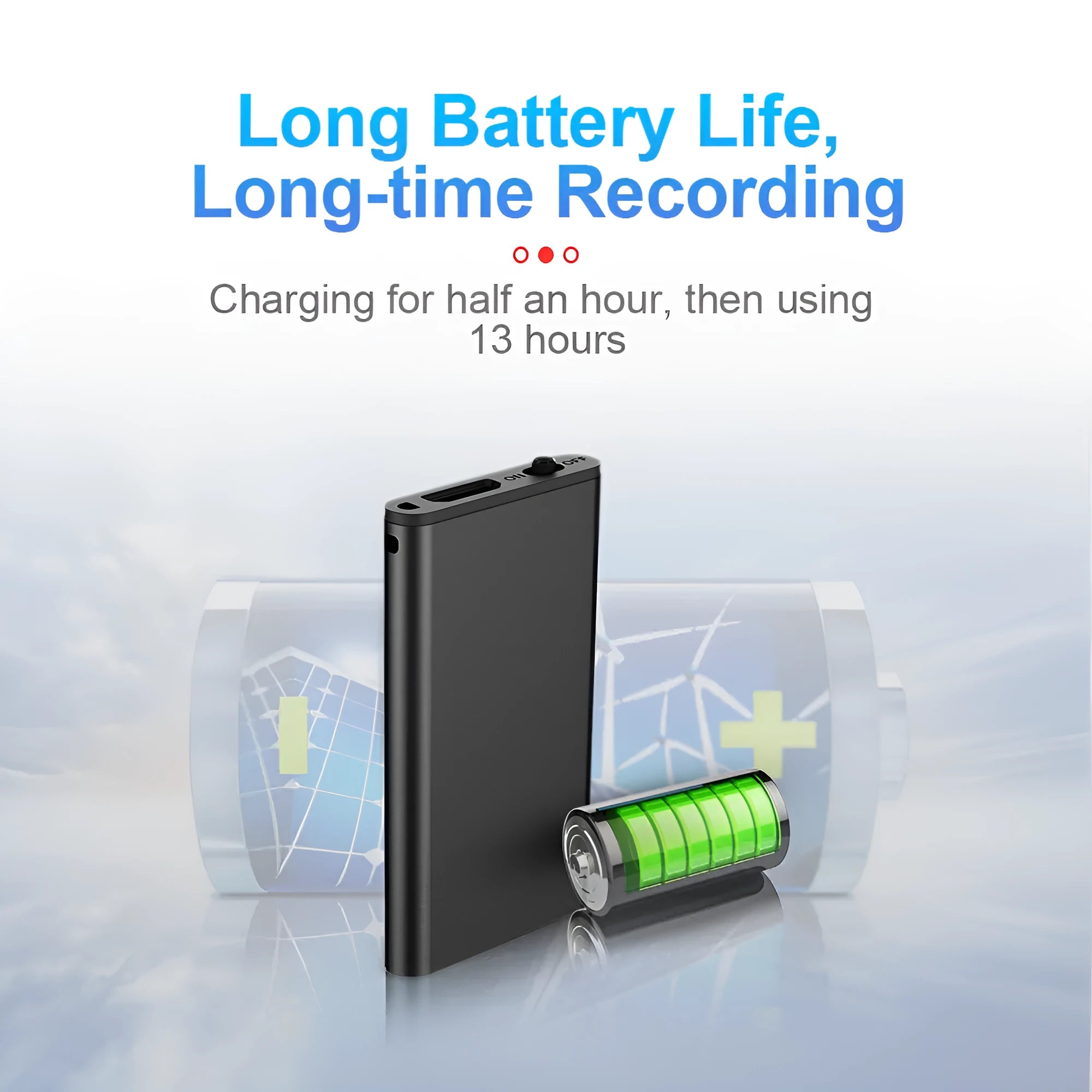 Silver aluminium alloy encryption recording pen with HD noise reduction, shown with English interface.