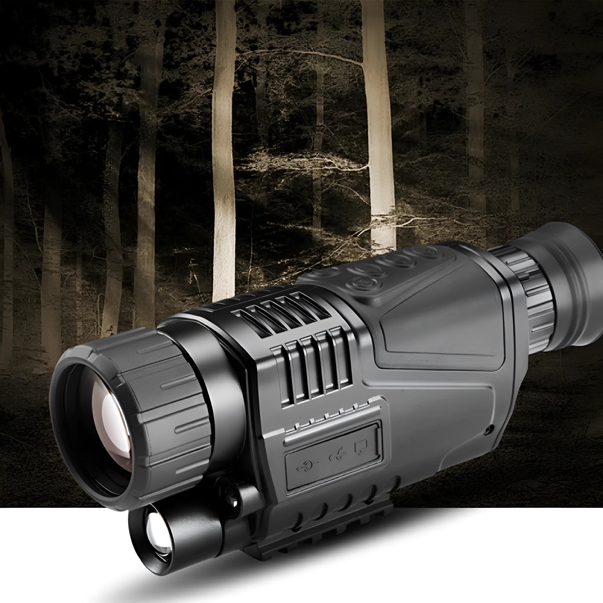 Black digital night vision telescope with rubber coating, 40mm lens, and storage bag for outdoor use.