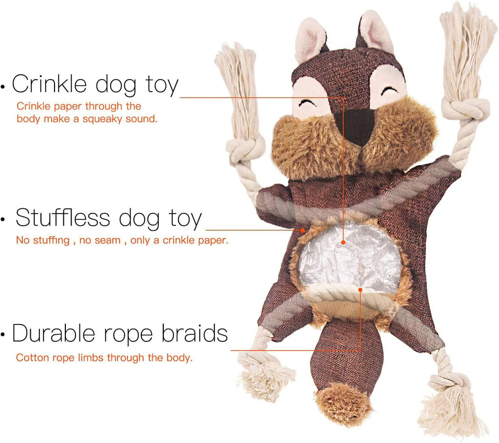 Brown fox-shaped dog toy with embroidered eyes, cotton rope limbs, and squeaker crinkle features