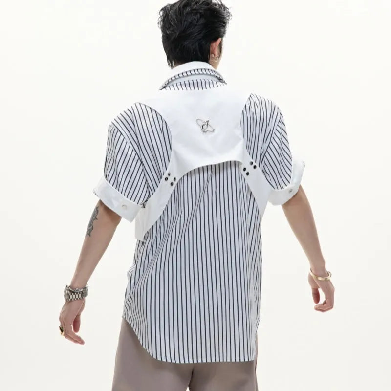 Men's cotton striped shirt with double collar design in silver Sapporo black and white colour options
