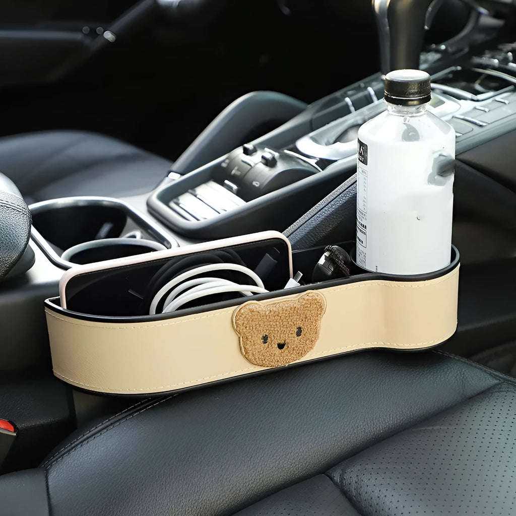 Leather car seat gap storage box with cartoon bear design options for vehicle organisation