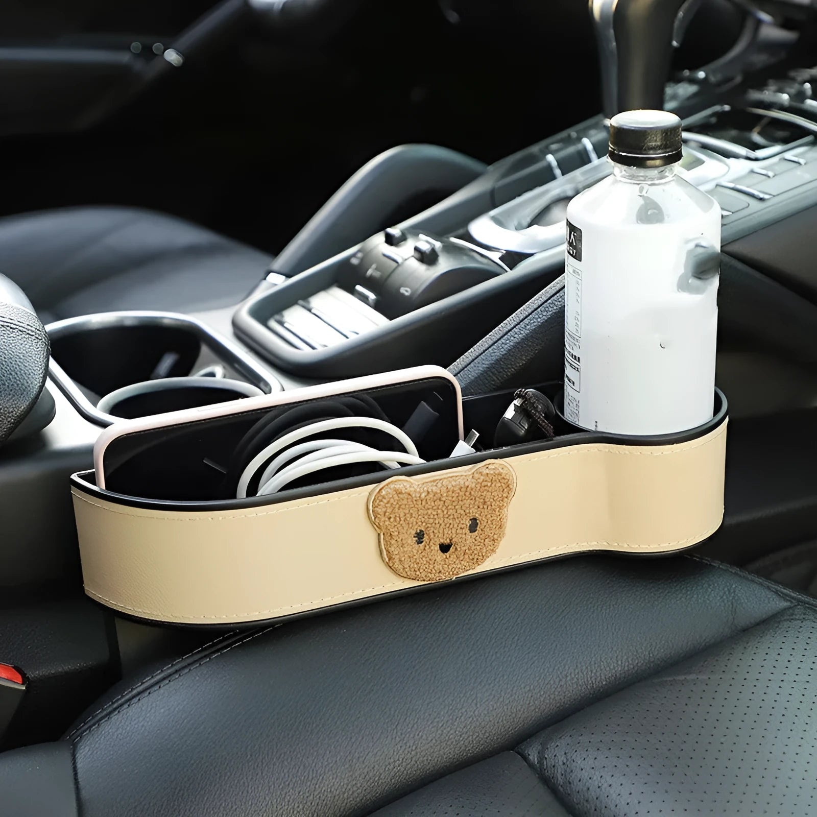 Leather car seat gap storage box with cartoon bear design options for vehicle organisation