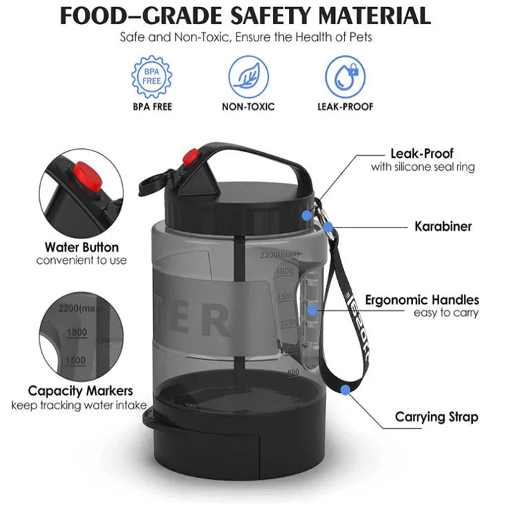 Black large capacity drinking water bottle for dogs and cats made of silicone and plastic, portable design