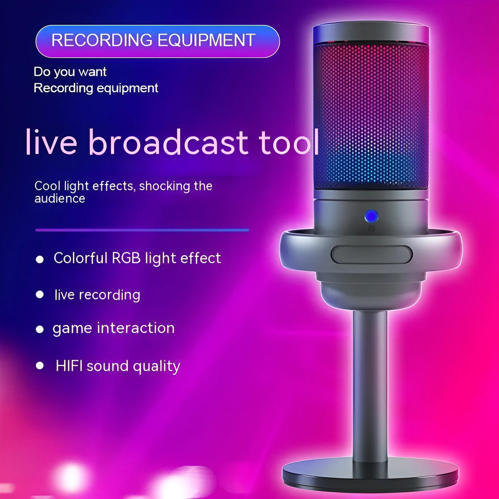 RGB condenser microphone with colourful lighting for computer recording and live broadcasts