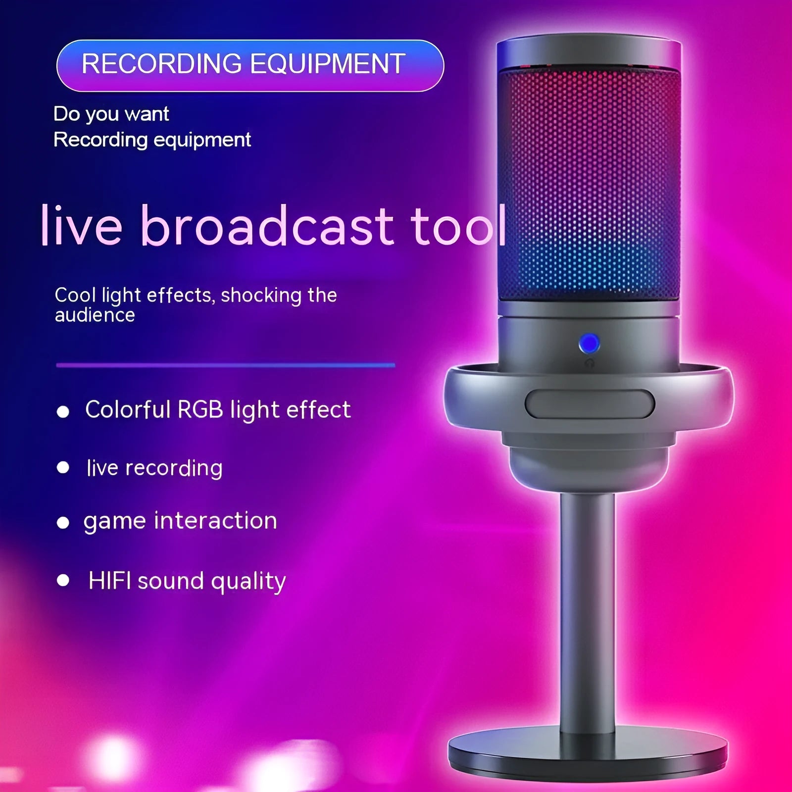 RGB condenser microphone with colourful lighting for computer recording and live broadcasts