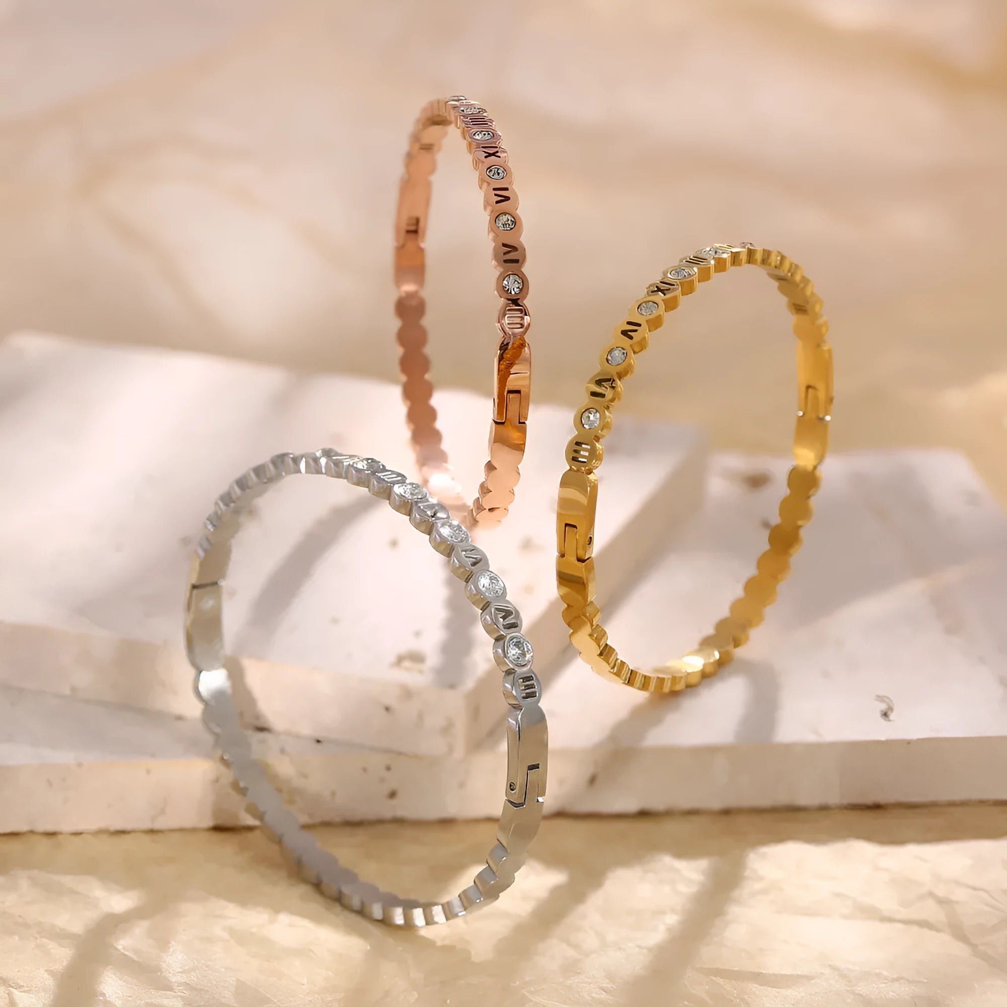 Korean style titanium steel bracelet with number details in gold, rose gold or steel colour