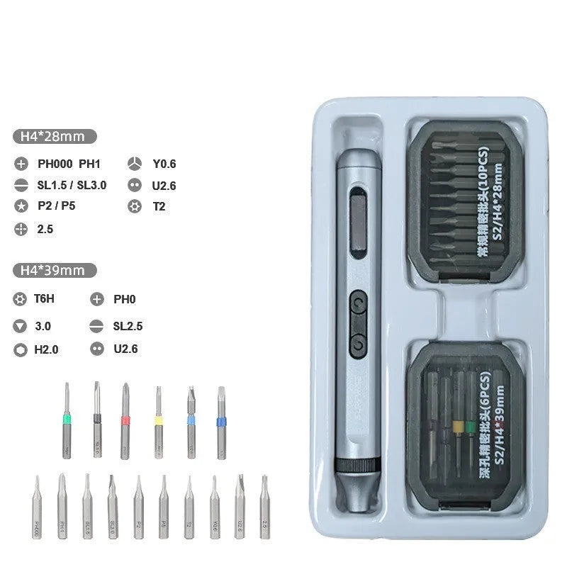 Compact aluminium alloy precision electric screwdriver on a workbench.