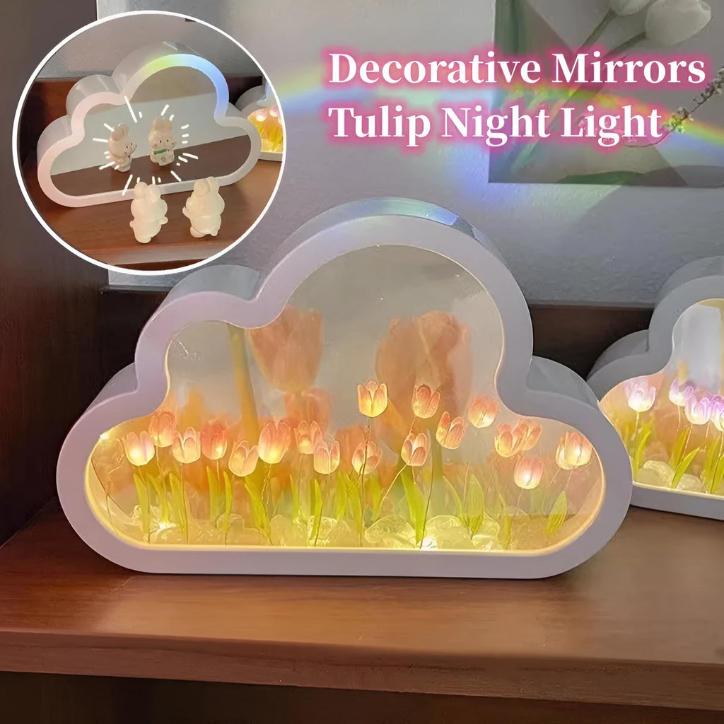Tulip night lamp DIY kit with pink cloud tulip LEDs and mirror face on a desk