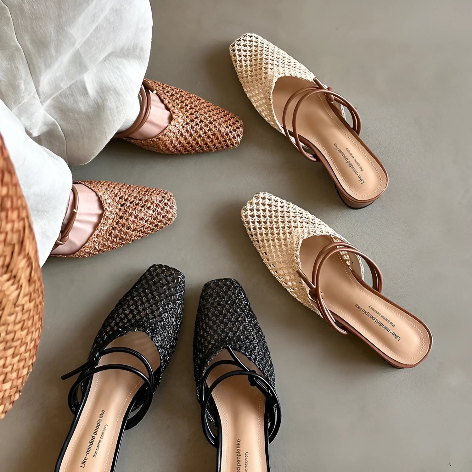 Women's square toe hollow breathable chunky heel slippers in beige artificial PU with rubber sole