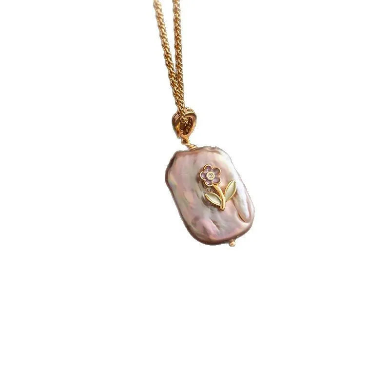 Natural baroque freshwater pearl pendant necklace copper chain geometric quadrilateral pendant mother-of-pearl shell women jewellery 68cm