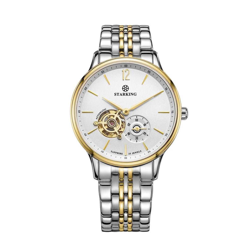 Automatic mechanical men's business watch with hollow dial on brown leather strap