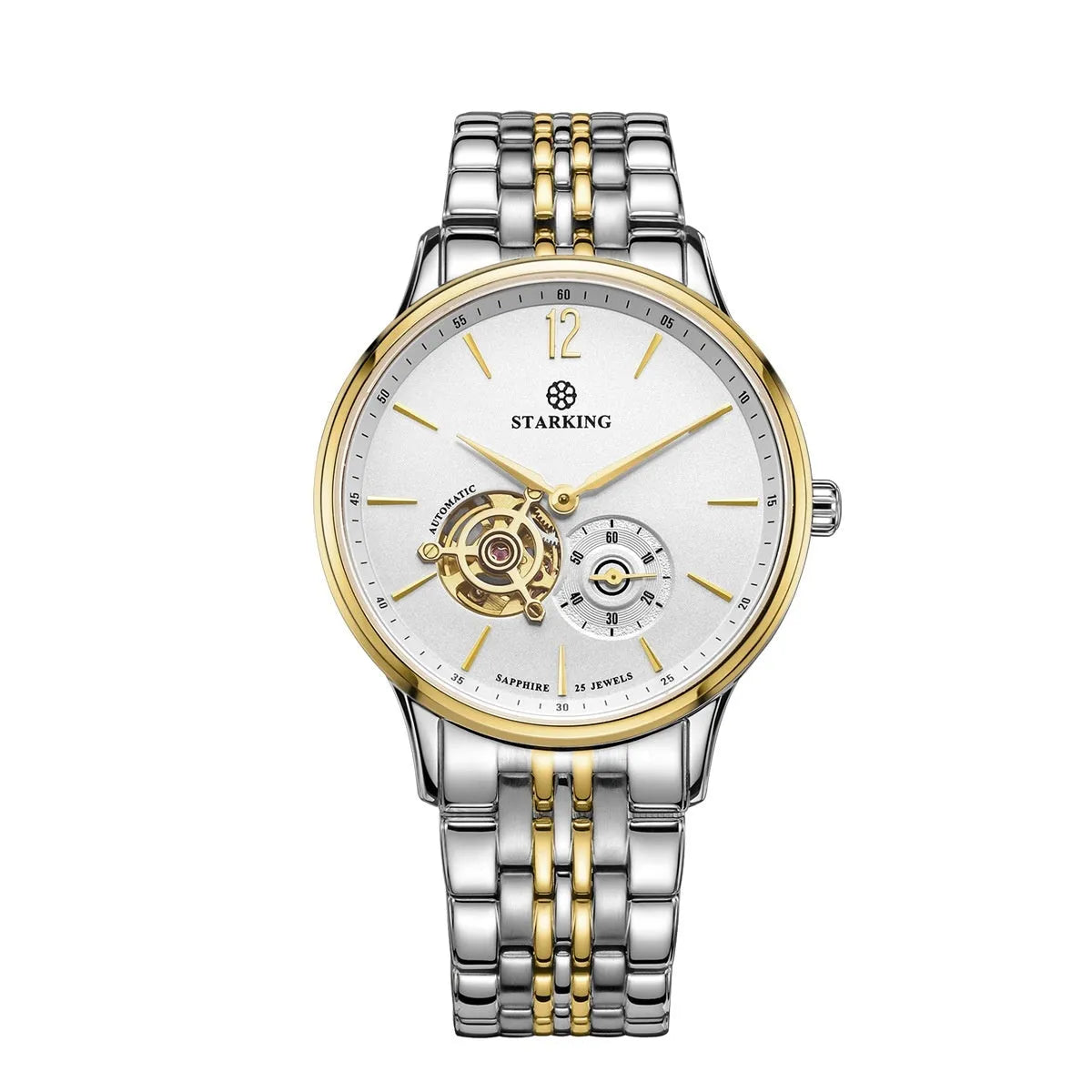 Automatic mechanical men's business watch with hollow dial on brown leather strap
