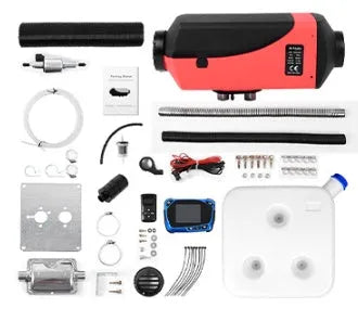 12V and 24V diesel air heater unit with fuel tank, pump, and installation components for vehicles.