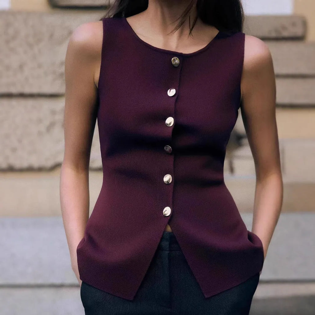 Slim fit dark red viscose sleeveless cardigan vest with gold buttons on a mannequin.