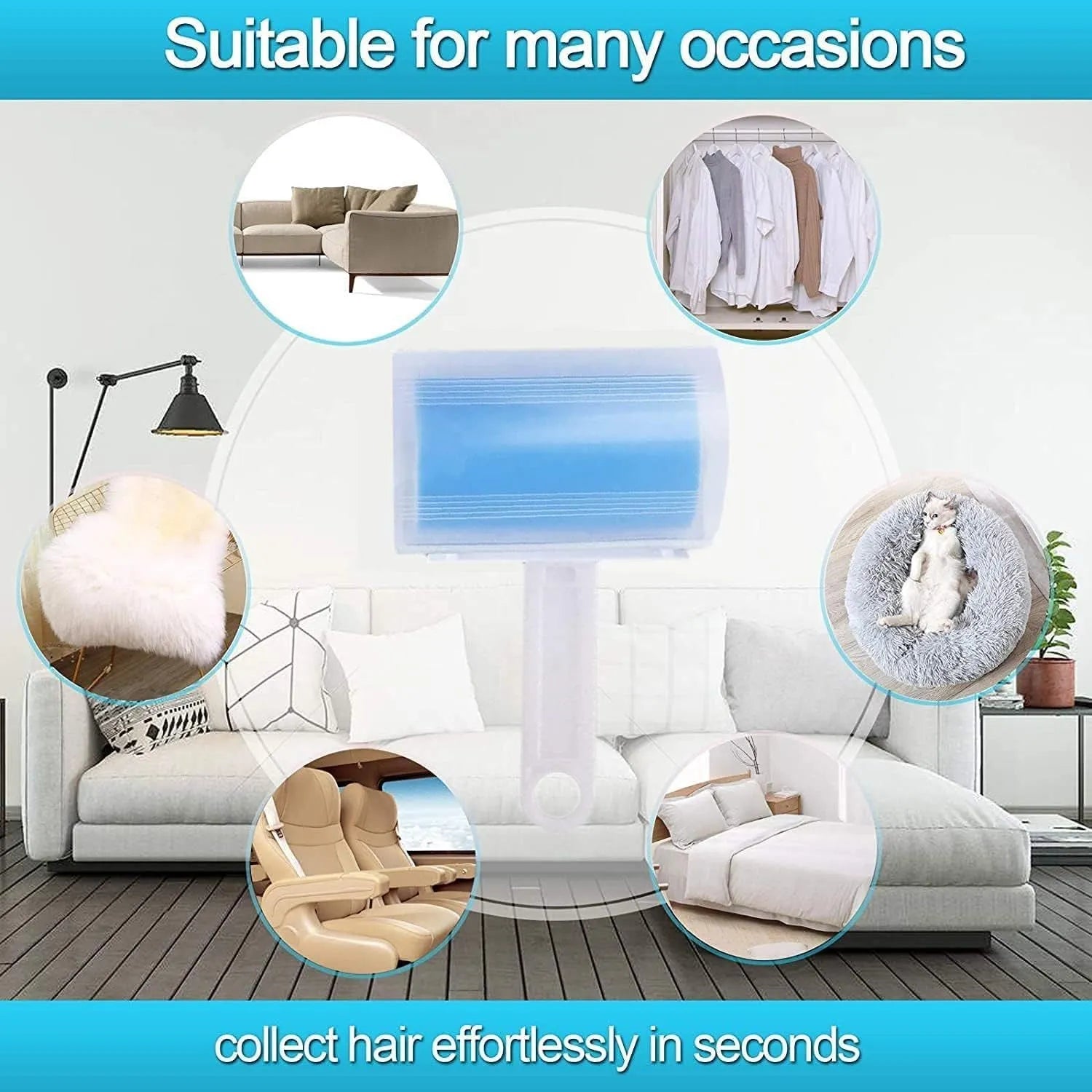 Blue reusable lint roller with cover for removing pet hair from fabrics