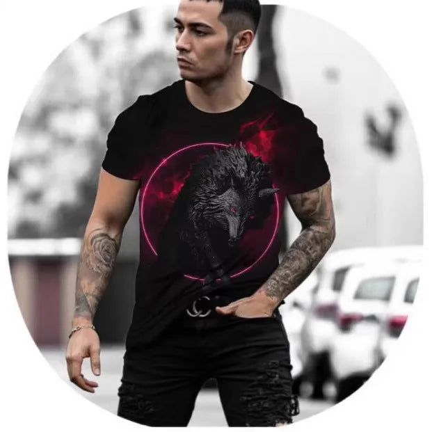 Men's grey short-sleeved T-shirt with a retro-style 3D digital print of a wild animal on the front.