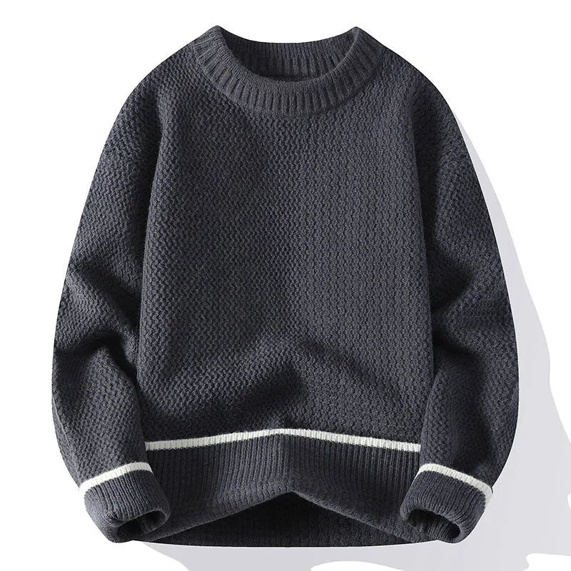 Men's grey casual pullover sweater with round neck and long sleeves