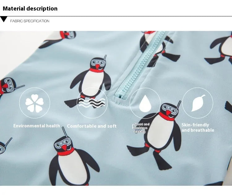 Boys' long sleeve penguin print swimsuit two-piece set with matching swimming cap