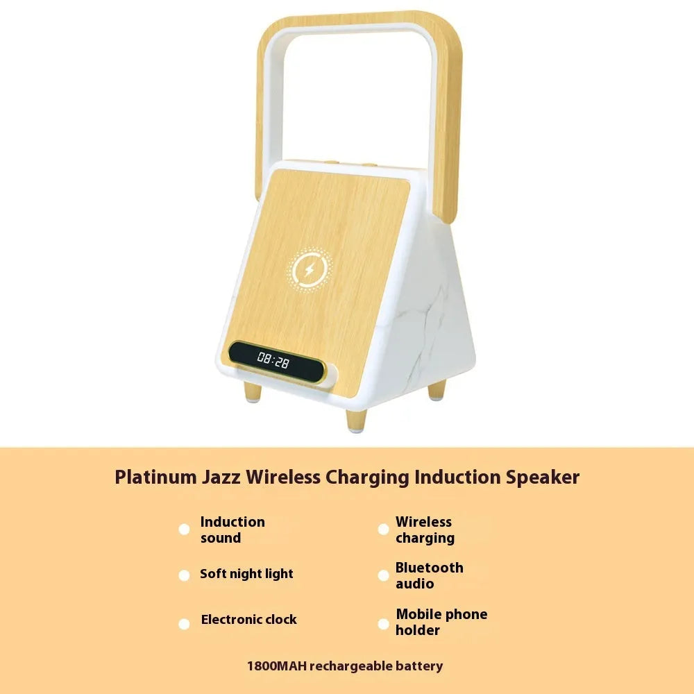 Wireless charging Bluetooth speaker with induction night lamp in Platinum Jazz finish, shown on a tabletop
