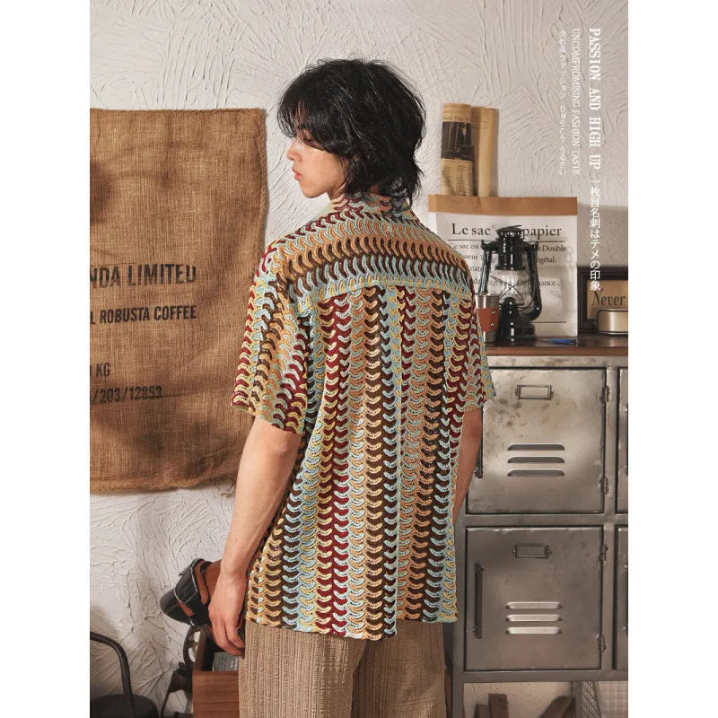 Grey Japanese style Cuban collar short sleeve shirt with hollow jacquard pattern, slim fit.