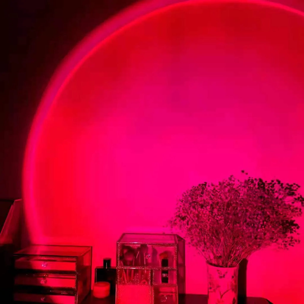 USB rechargeable sunset projection lamp showing rainbow light projection in sunset red colour