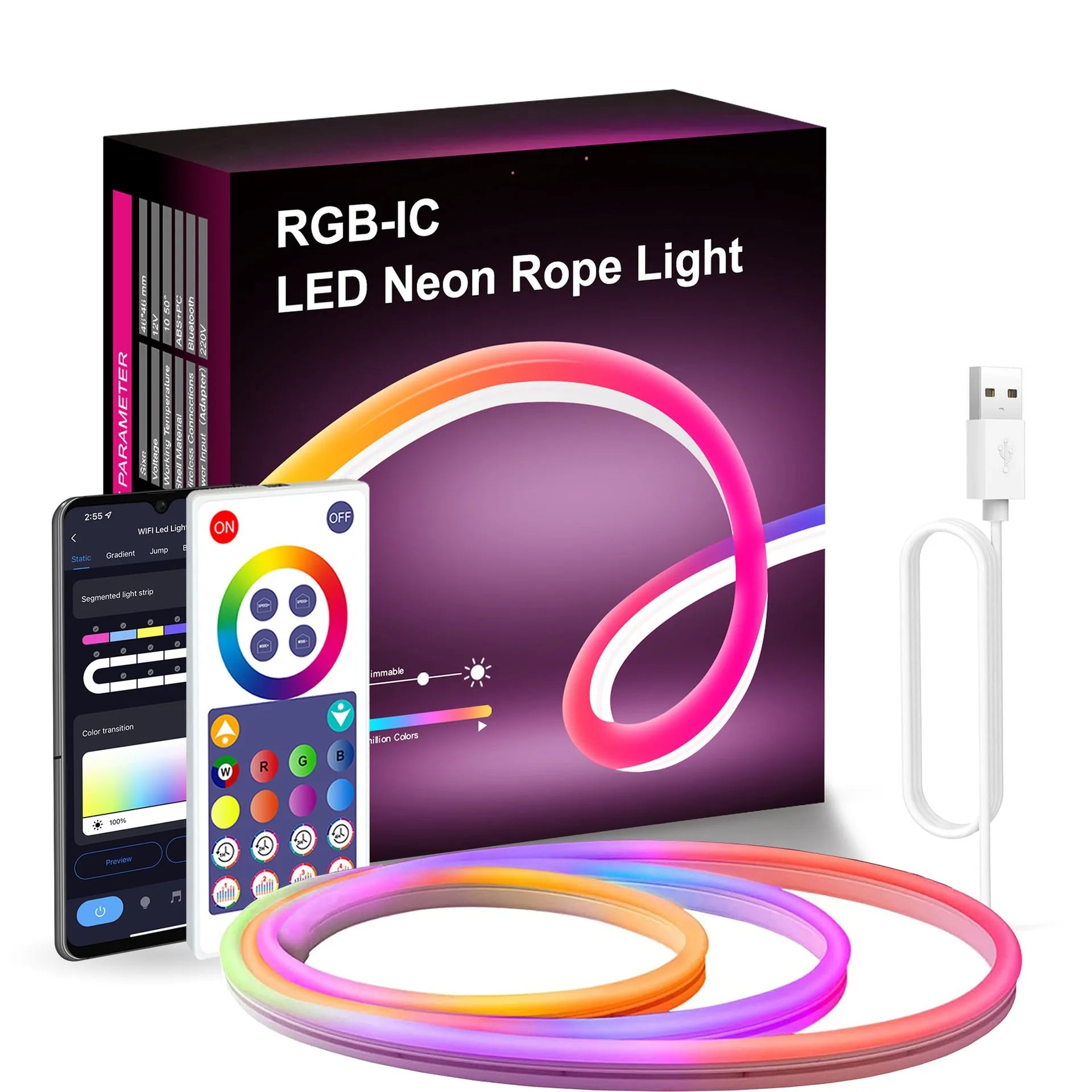 3 metre LED neon light strip with remote control demonstrating colour changing capabilities