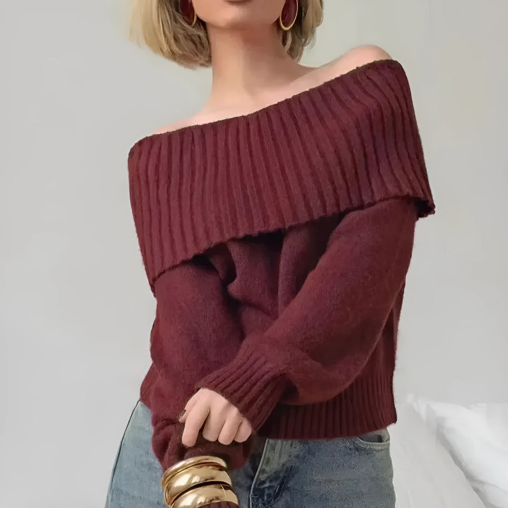 Grey off-the-shoulder strapless sweater with a 3D pattern, shown as a pullover.