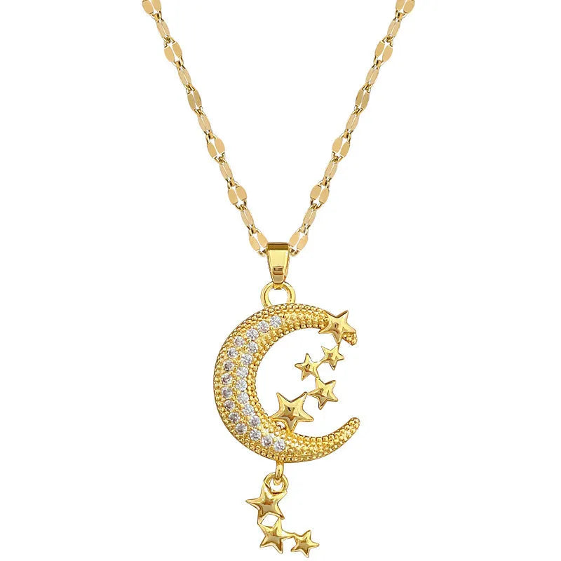 Moon pendant necklace with geometric tassel design and diamond embellishment on stainless steel chain