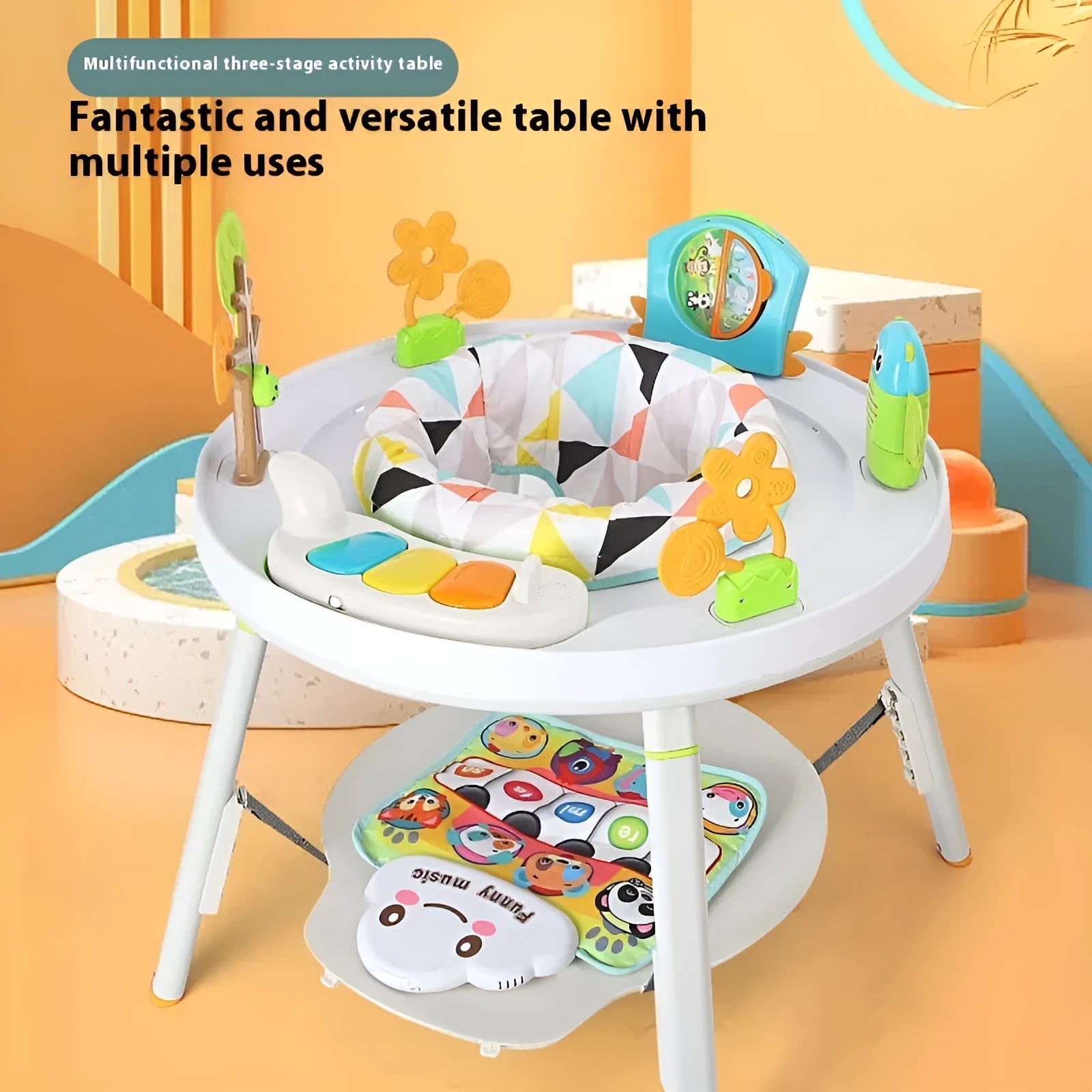 Baby jumping chair with bouncing function, gymnastics rack, and interactive toys in duck or lion design