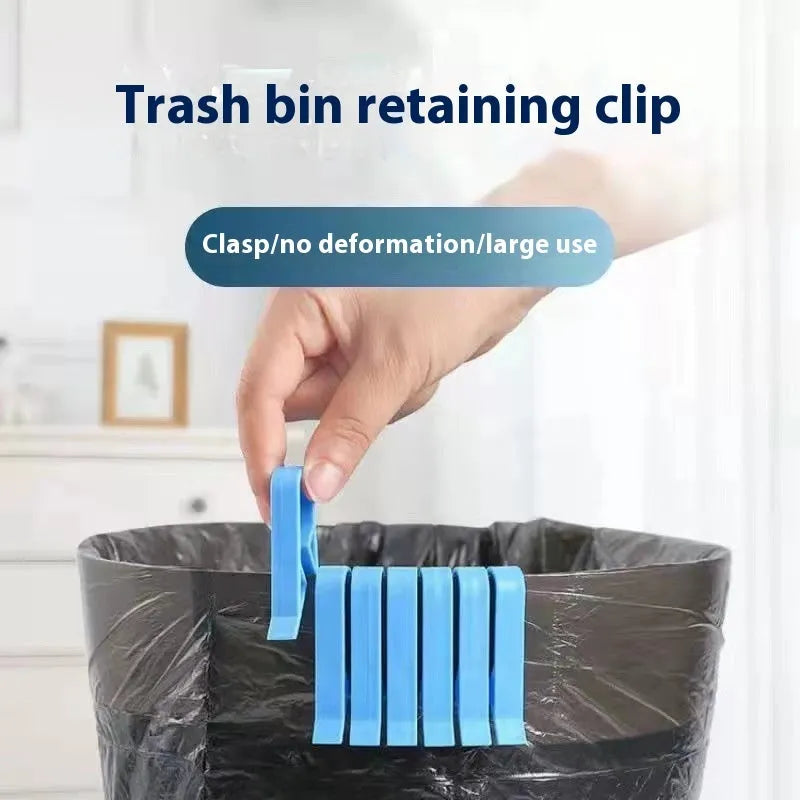 PP plastic bin bag fixing clip attached to a rubbish bin rim holding a liner in place.