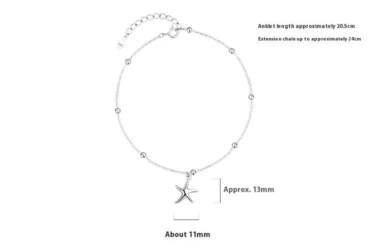 Sterling silver starfish charm anklet with round beads on an adjustable chain.