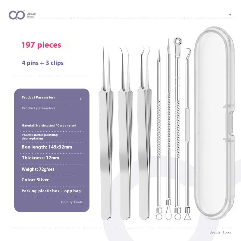 Four-piece stainless steel acne needle set with ultra-fine pointed tips and extraction clip on silver background