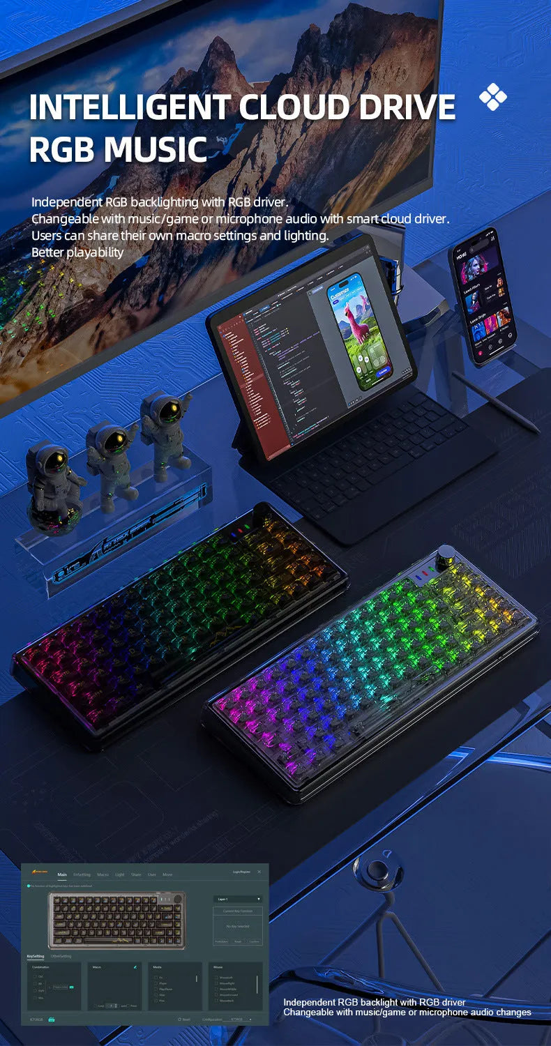 Attack Shark K75 RGB transparent mechanical keyboard showing lighting through polycarbonate housing