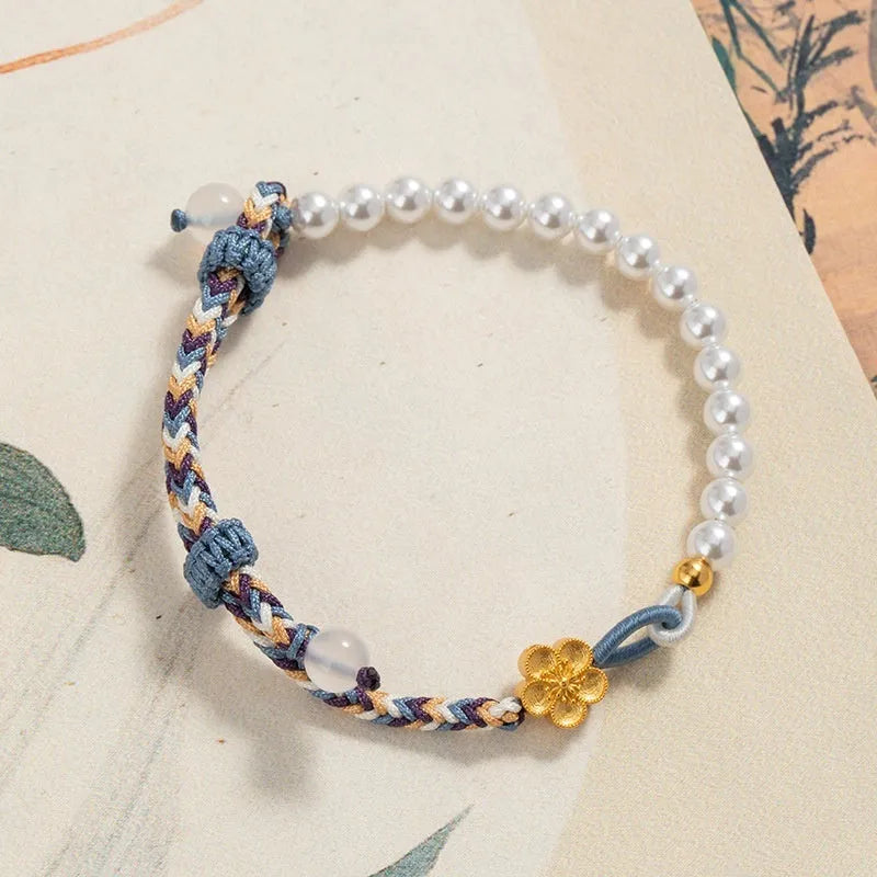 Colourful woven cord strap with electroplated finish, pearls, and flowers in Peach You Are Happy colour