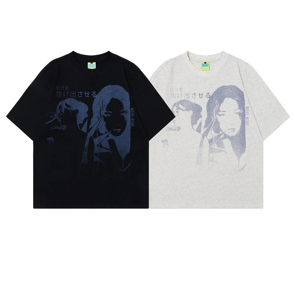 Men's grey cotton t-shirt with retro character print showing short sleeves and loose fit