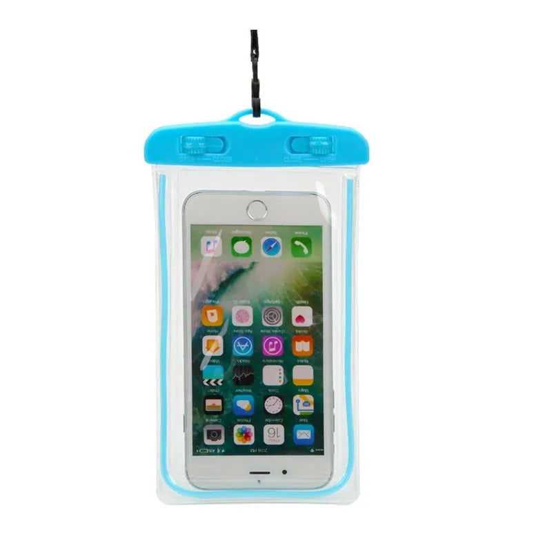 Universal waterproof luminous touch screen phone case in black and orange colours on outdoor setting