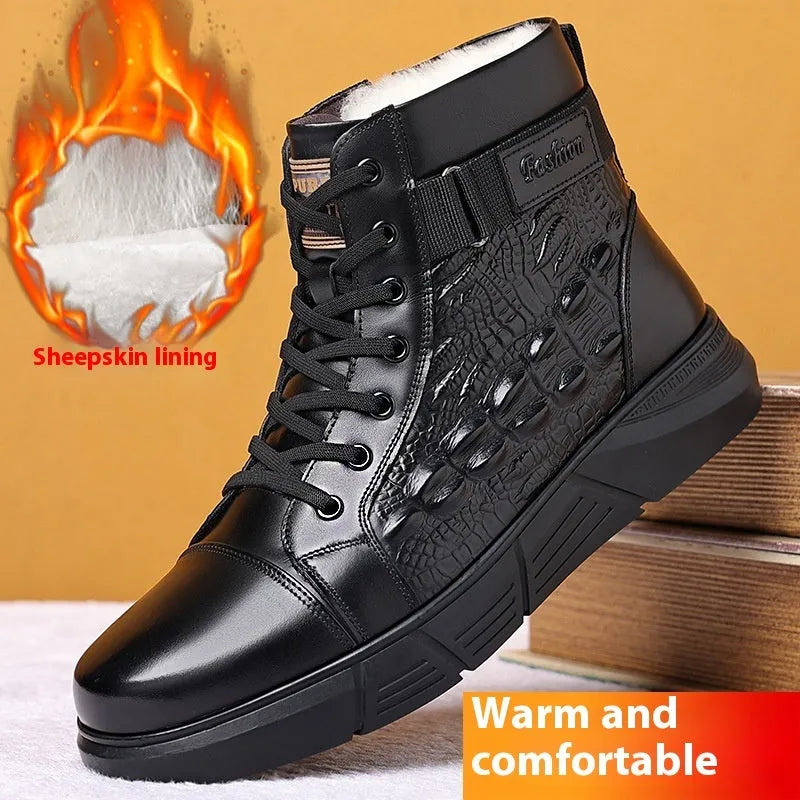 Men's black genuine leather snow cotton boots with a velvet finish and rubber sole.