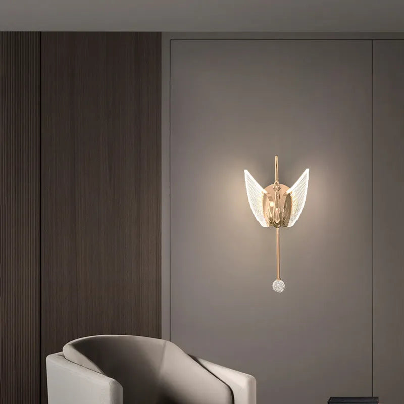 Modern minimalist swan design bedside wall lamp with iron construction and acrylic shade