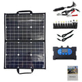 Black 40W single crystal solar panel in a folding bag, shown folded to compact size for portable charging.