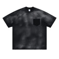 Black men's loose fit graphic t-shirt with drop shoulder sleeves on mannequin