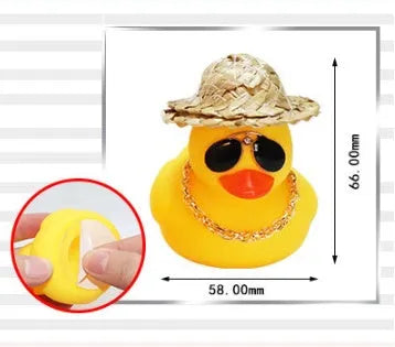 Straw hat yellow duck cartoon car dashboard ornament with adhesive gel and sunglasses necklace.