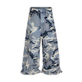 Blue snow camouflage pattern loose fit denim jeans for men and women on a mid waist